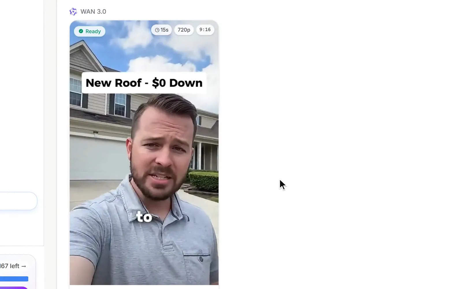 A one-line brief becomes a full AI-written video script, the 15-second clip is priced at 24 credits before it renders, and the finished vertical roofing ad plays.