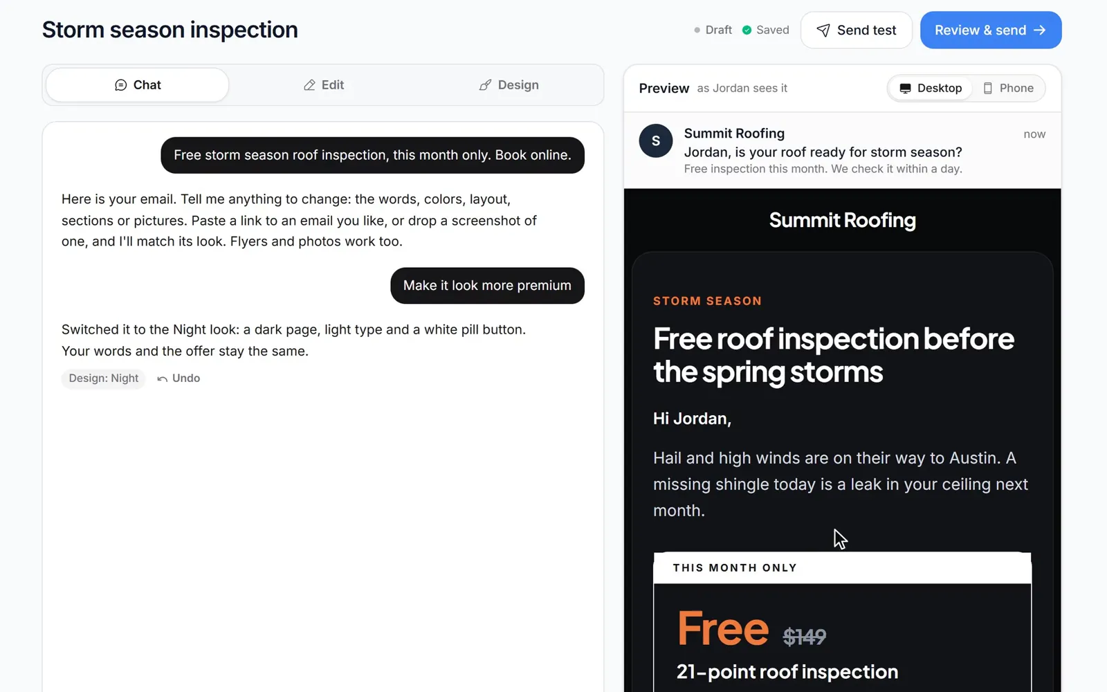 Summit Roofing types “Free storm season roof inspection, this month only. Book online.” and the AI designs and writes the email, restyles it on request, sends it to 412 leads who haven't booked from the business's own domain, and the results show 46.4% opened and 11 booked.
