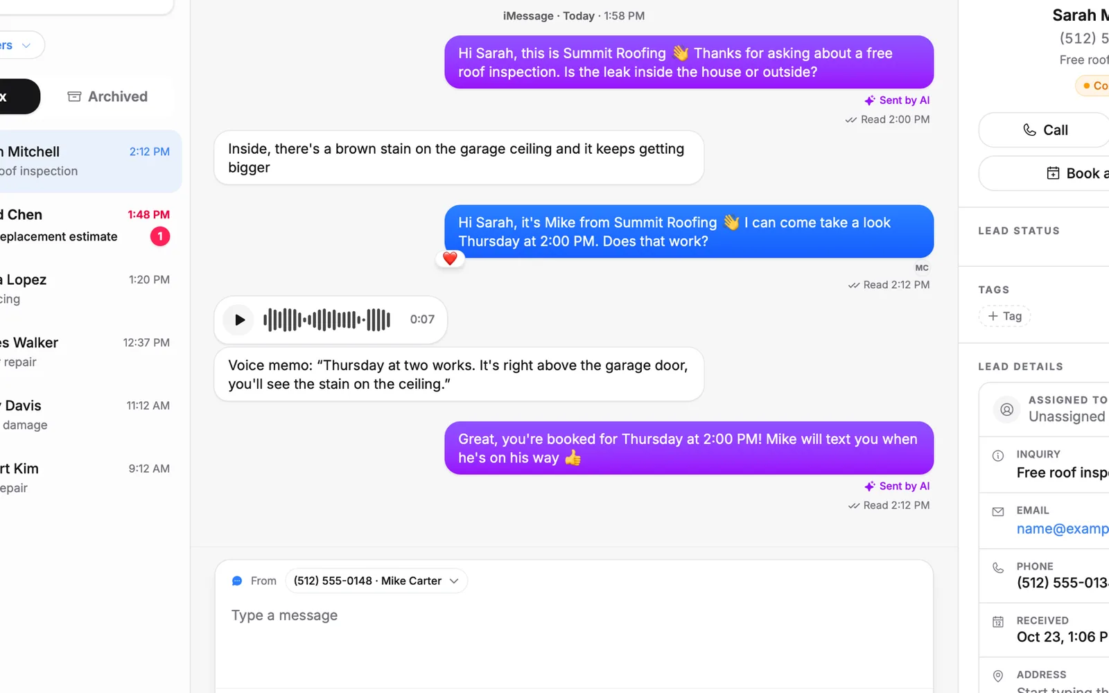 In Summit Roofing's inbox, Mike texts a lead from his own iPhone number as a blue iMessage; she reads it, loves it and answers with a voice memo the CRM transcribes, and the AI books her for Thursday at 2:00 PM. Then Settings shows three iPhone numbers running on one Mac, and the inbox filters to the front desk's number.